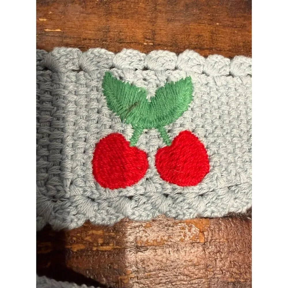 white crochet headband with cherry